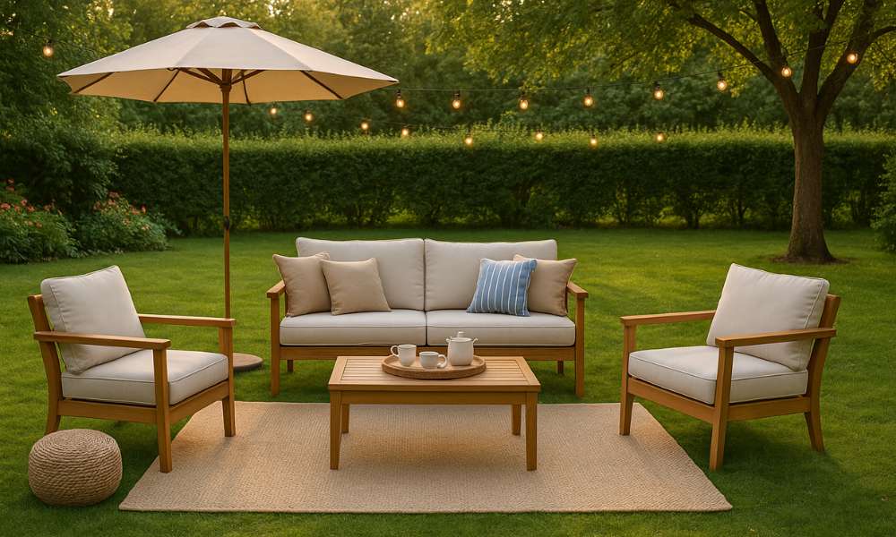 Outdoor seating area on grass with wooden furniture, cushions, umbrella, and string lights in a green garden.